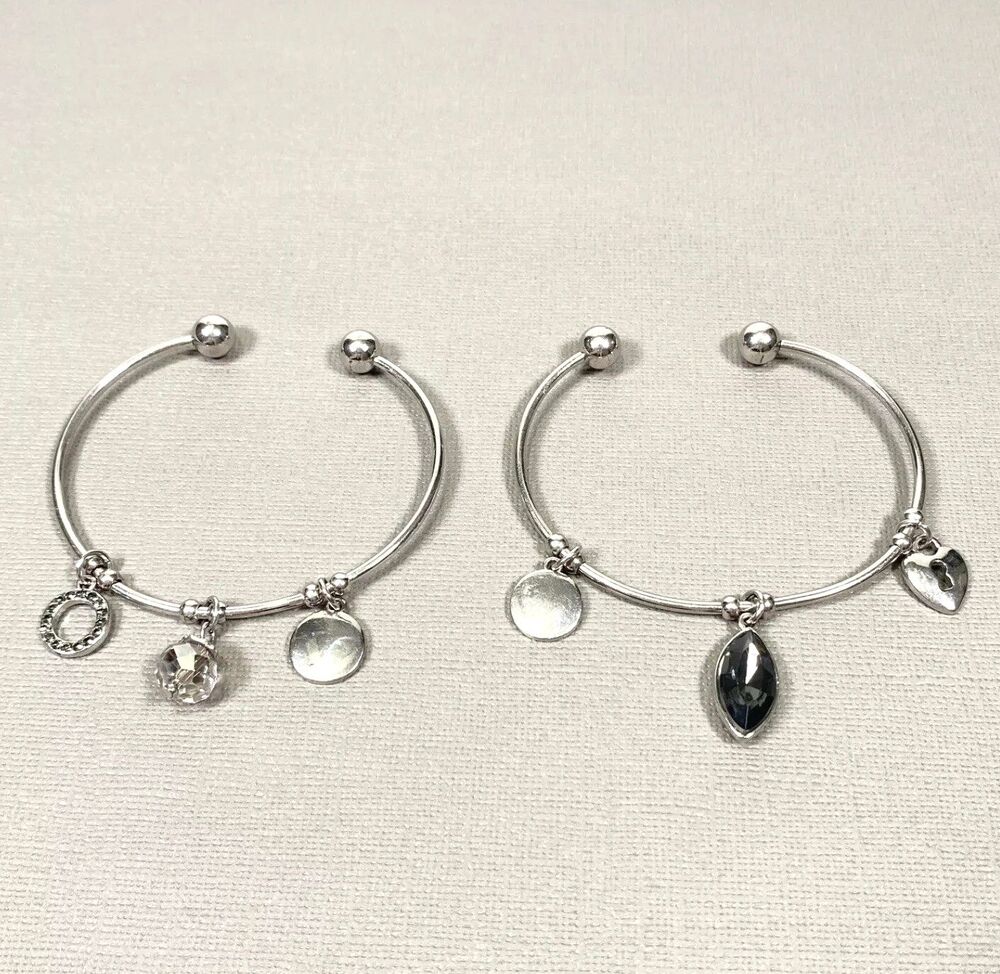 Silver Tone Barbell Cuff Charm Bracelet Set Stackable Rhinestone Heart Key